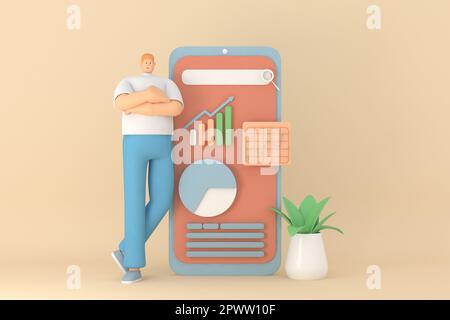 A male character leaning on phone. The infographic presentation on mobile screen. 3d rendering of business models Stock Photo