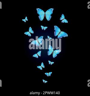 flock of bright blue butterflies on a black background Stock Vector