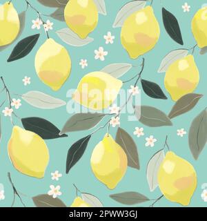 Lemon floral pattern. Hand drawn tree branch with ripe lemons and leaves and flowers on teal background. Vector illustration Stock Vector