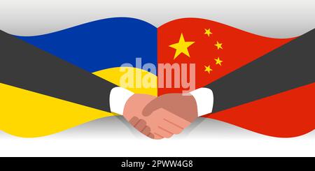 Handshake of two hands on the background of the flags of China and Ukraine. Stock Vector