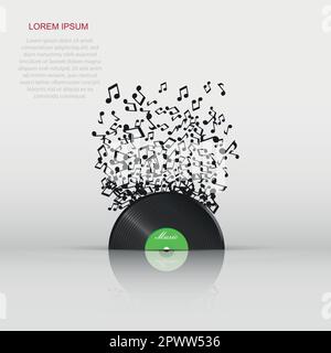 Vinyl disk with flying sound note. Music disk vector illustration. Sound record. Stock Vector