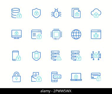Protection and Security Vector Line Icons Set. Business Data Protection Technology, Cyber Security, Computer Network Protection. Line Icons. Contains such Icons as Computer Security, digital lock. Vector illustration Stock Vector