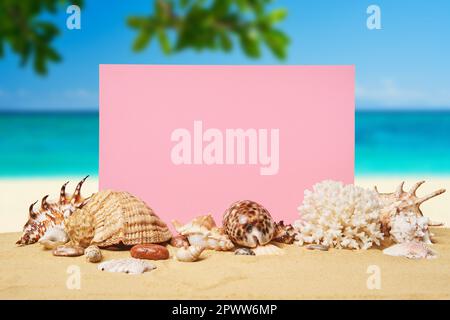 Invitation or greeting card mockup with seashells and starfish on the summer sandy beach at ocean background. Vacation concept, copy space Stock Photo