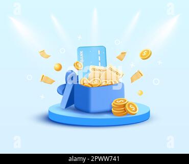 3d a gift box coupon for a sale of the product. Gold coins and credit card in the gift box. With 3d podium and blue light background.Voucher card cash back template design with coupon code promotion. Vector illustration Stock Vector