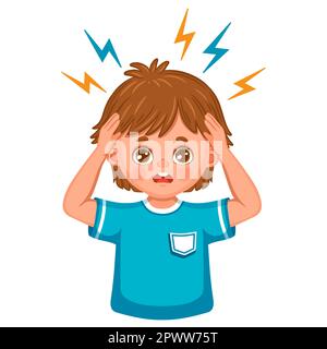 Headache, migraine, sad boy child suffer head pain, stress emotion, dizziness, panic icon. Kid character hold hand on forehead. Mental health. Vector Stock Vector