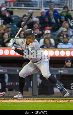 New York Yankees' Anthony Volpe at bat against the Minnesota Twins during  the eighth inning of a baseball game Thursday, April 13, 2023, in New York.  (AP Photo/Adam Hunger Stock Photo - Alamy