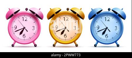 School alarm clock vector set design. Back to school with realistic alarm clock for time timer. Vector illustration isolated educational elements Stock Vector