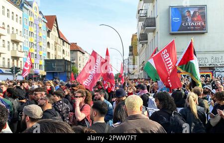 Berlin, Germany. 01st May, 2023. Participants gather before the start of the demonstration for the so-called Revolutionary May Day in Berlin-Neukölln. Credit: Andreas Rabenstein/dpa/Alamy Live News Stock Photo