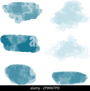 Watercolor blue spots set. Abstract sky bursts of different shapes. Textured paint stroke collection, vector illustration Stock Vector