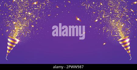 festive banner with explosion party popper with gold confetti on a purple background Stock Vector