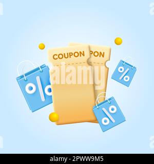Golden coupons, vouchers with a percentage sign on flying gifts, flying shopping bag. For online sales and favorable prices. Online shopping. 3d Vector illustration. Vector illustration Stock Vector