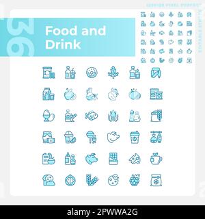 Food and drink pixel perfect blue RGB color icons set Stock Vector