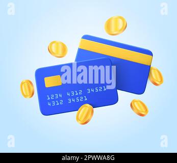 Online payments credit or debit card concept. Money transfer. Financial transactions and coins floating, cashback in banking. 3d by vector illustration. Vector illustration Stock Vector