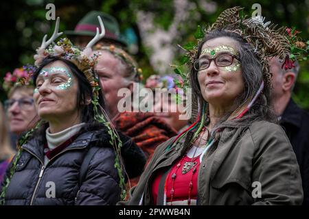 Glastonbury, UK. 1st May 2023. Beltane celebrations and blessings with fire at The Chalice Well as part of a pagan tradition to celebrate the coming of summer. Credit: Guy Corbishley/Alamy Live News Stock Photo