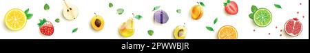 horizontal banner with bright and juicy fruits on a white background Stock Vector