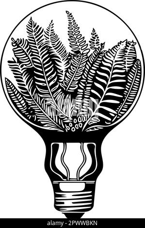 Ferns in a lightbulb. Vector icon for green energy. Resource saving and environmentally friendly electricity. Black outlines in front of transparent b Stock Vector