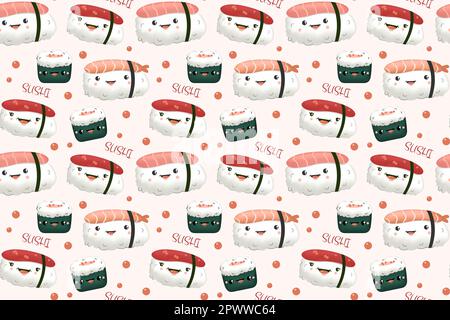 Hand drawn various kawaii sushi.Cute pattern Stock Vector