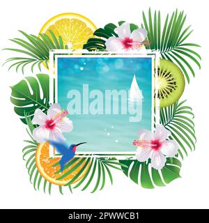 tropical banner with tropical fruits and plants on a white background Stock Vector