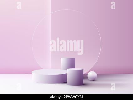 3D realistic empty studio room group of purple cylinder podium stand geometric and circle transparent glass backdrop decoration with sphere ball on mi Stock Vector