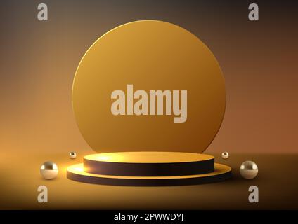 3D realistic luxury style golden podium platform with gold circle backdrop decoration gold balls on dark background. You can use for beauty cosmetic p Stock Vector