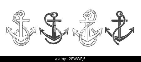 Set of black and White Ship Anchors isolated on white. Vector illustration. Stock Vector