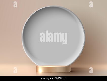 3D realistic modern luxury style shiny golden metallic podium stand and lighting effect with white circle backdrop on beige background. You can use fo Stock Vector