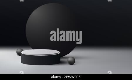 3D realistic empty black and white podium platform with circle backdrop decoration with balls on dark background minimal style . You can use for beaut Stock Vector