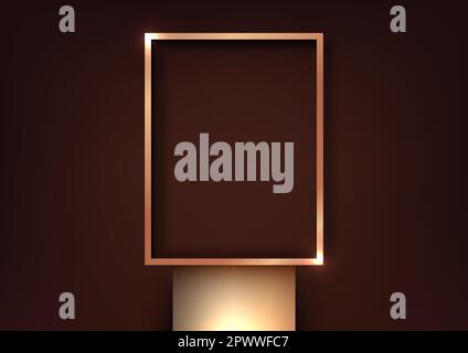 3D realistic modern luxury style golden podium stand with gold geometric rectangle frame backdrop on brown background. You can use for beauty cosmetic Stock Vector