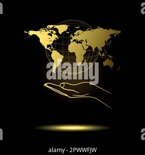 golden open palm with world map on black background Stock Vector