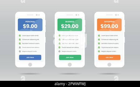 Minimal pricing comparison list with check mark ui design in smartphone shape Stock Vector