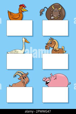 Cartoon illustration of funny farm animals with blank cards or banners design set Stock Vector