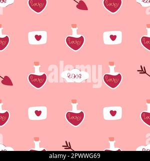 Romantic love seamless pattern. Background with elixir of love, letters and clouds. Cute delicate pink print for textile, digital paper, packaging Stock Vector