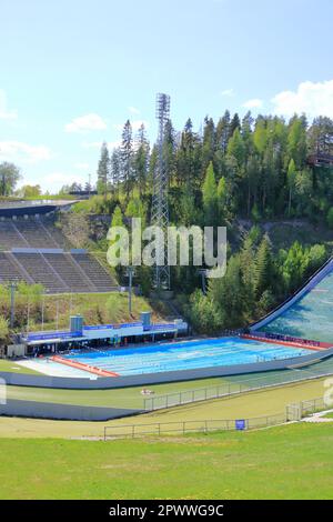 May 25 2022 - Lahti in Finland: swimming pool at the foot of the ski jumping facility in the summer Stock Photo