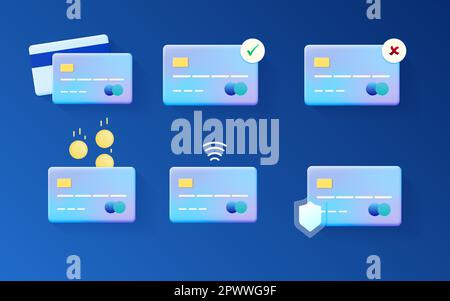 Set of Credit Card 3d concept. Contactless payment. Credit card money financial security for online shopping, online payment credit card with payment protection. Credit card vector for finance, online. Vector illustration Stock Vector