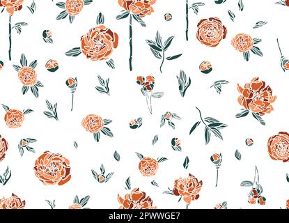 Hand drawn vector abstract graphic illustration seamless pattern with line flowers peonies in simple trendy minimalistic style for branding,isolated Stock Vector