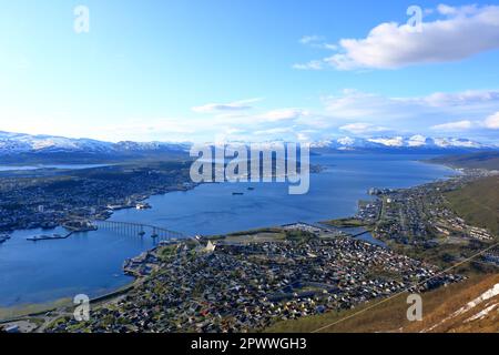 Incredible View to Tromso city in Norway from Storsteinen peak in summer Stock Photo