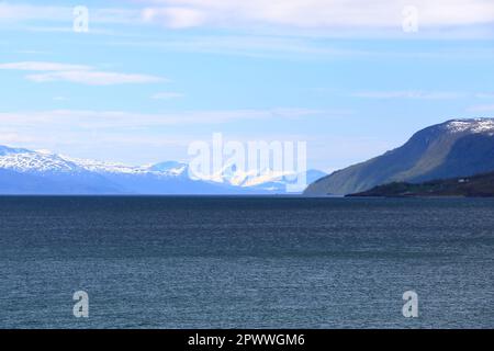 View from Bjerkvik in Norway during a Nordic summer day towards to Ofotfjord and Narvik Stock Photo