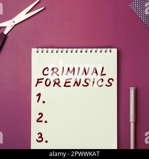Text caption presenting Criminal Forensics, Business overview Federal Offense actions Illegal Activities punishable by Law Stock Photo
