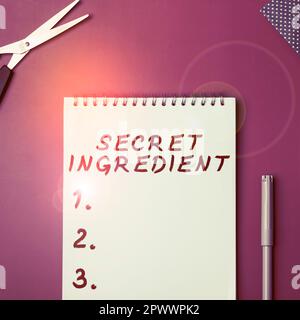 Hand writing sign Secret Ingredient, Word Written on special technique or materials used by a company in manufacturing its products Stock Photo