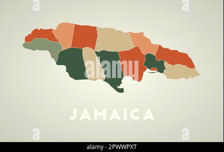 Jamaica poster in retro style. Map of the country with regions in autumn color palette. Shape of Jamaica with country name. Stylish vector illustratio Stock Vector