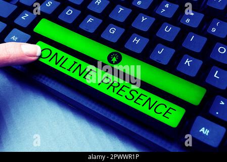 Conceptual caption Online Presence, Word for existence of someone that can be found via an online search Stock Photo