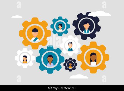 Office team and organization of work in the company. Teamwork and collaboration of workers. The concept of teams of efforts and skills. Working people Stock Vector