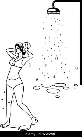 A dark-haired woman was in the shower. She is drying her hair with a towel. Outline illustration as black lines against transparent background. Vector Stock Vector