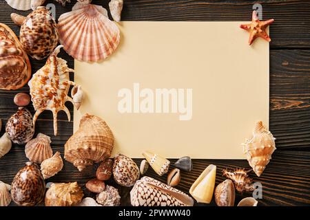 Invitation or greeting card mockup with seashells and starfish on dark woodwn background. Summer vacation concept, copy space. Flat lay, top view Stock Photo