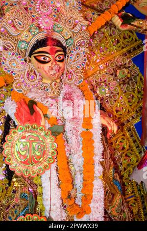 Goddess Durga with traditional look in close up view at a South Kolkata Durga Puja, Durga Puja Idol, A biggest Hindu Navratri festival in India Stock Photo
