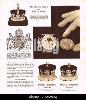 Coronation regalia. The Queen's crown and coat of arms, and the coronets of Princess Elizabeth, and Princess Margaret, 1937 Stock Photo