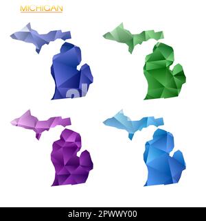 Set of vector polygonal maps of Michigan. Bright gradient map of US state in low poly style. Stock Vector