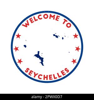 Welcome to Seychelles stamp. Grunge island round stamp with texture in Angry Tomato color theme. Vintage style geometric Seychelles seal. Superb vecto Stock Vector