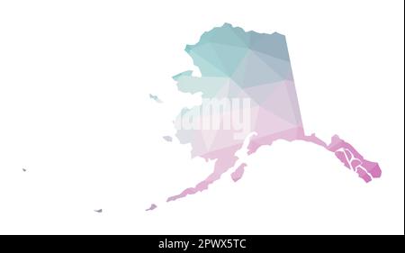 Polygonal map of Alaska. Geometric illustration of the us state in emerald amethyst colors. Alaska map in low poly style. Technology, internet, networ Stock Vector