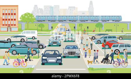 City silhouette with cars on the street crossing and pedestrians, illustration Stock Vector